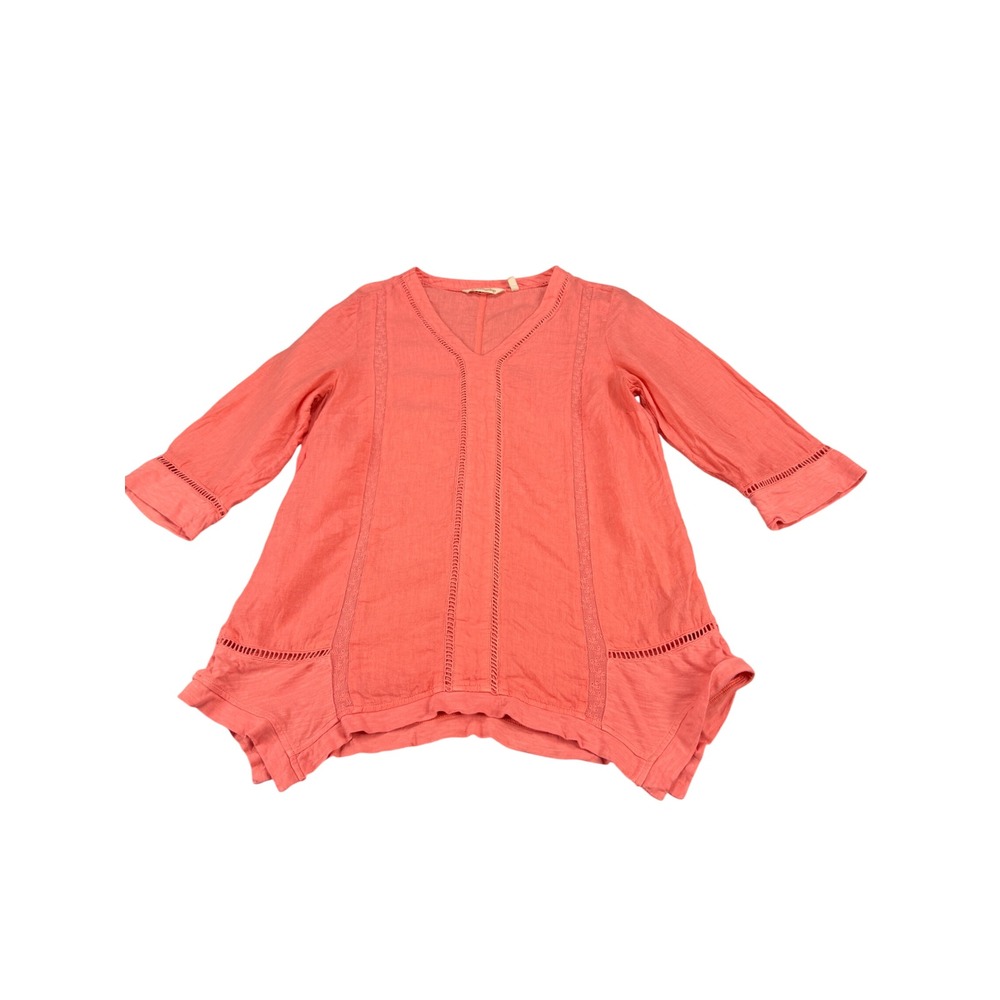 Soft Surroundings Coral Linen Sharkbite Tunic Top V-Neck Ladder Lace PM